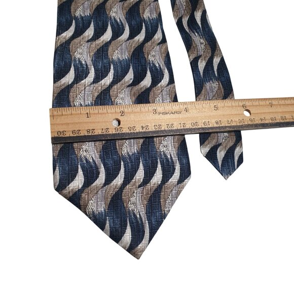 Vintage Designer Pierre Cardin Men Wavy Pattern Silk Tie Blue Silver Tan Dad - Picture 3 of 5